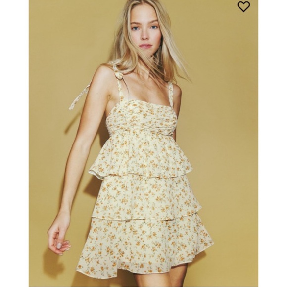 Reformation Dresses & Skirts - Reformation Avni Babydoll Tiered Tie Sleeve Yellow Floral Mini Dress Size Large